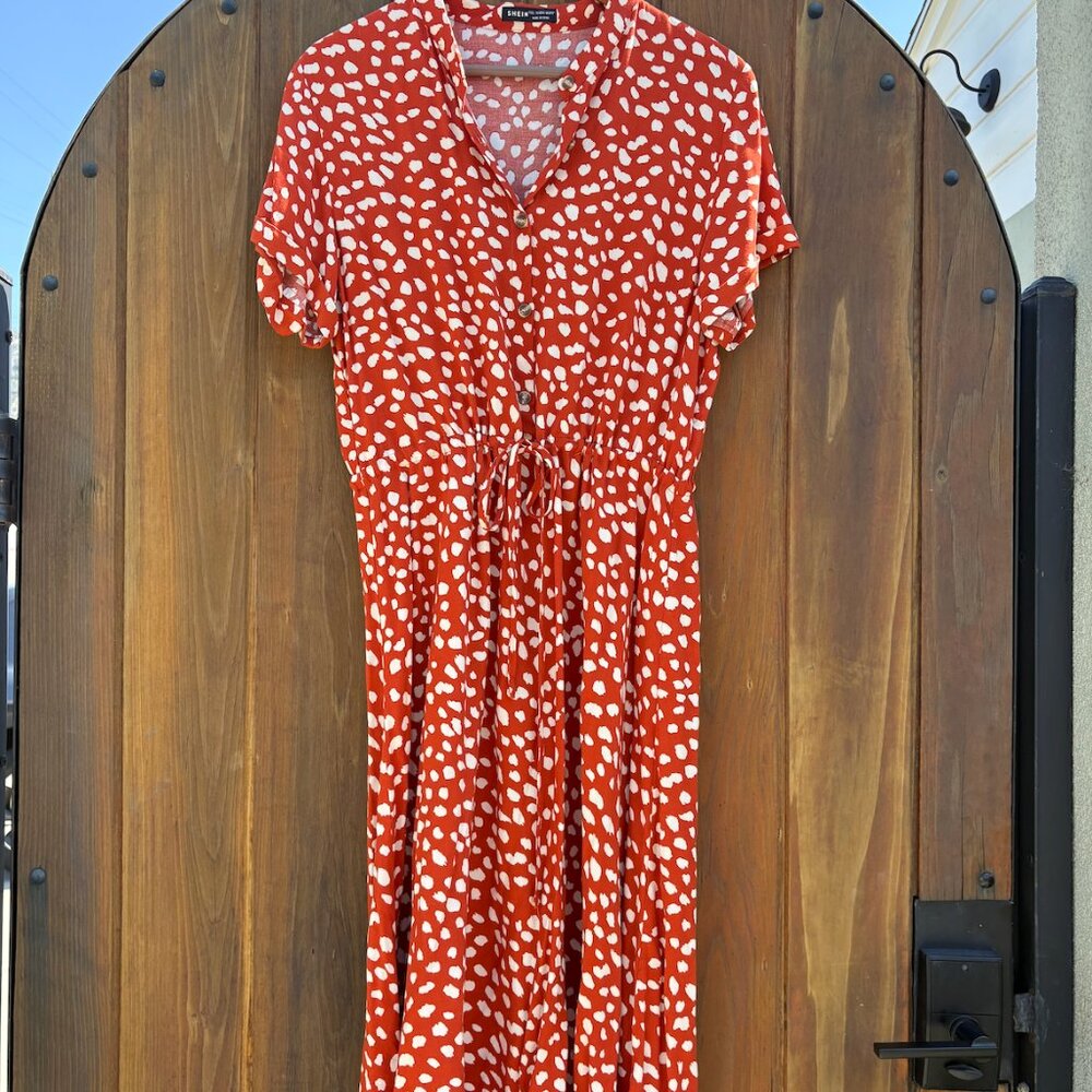 Dalmatian Print Drawstring Waist A-line Dress - Burnt Orange